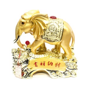 Poly Craft Golden Elephant Sculpture Standing On Treasure And Coins Chinese Inscriptions - CP2017/JM2-01