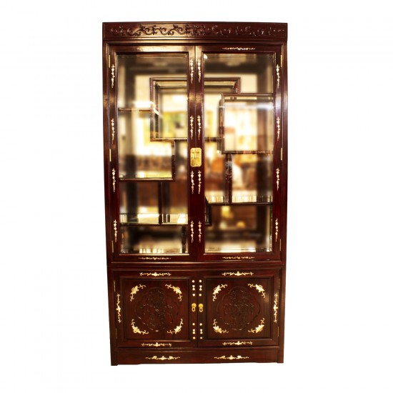 Rosewood Curio  Display Cabinet with Mother of pearls Inlaid Dark Cherry Finish - LK04-000354A