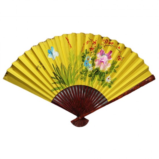 Oriental Beautiful Chinese Bamboo Silk Hand Folding Wall Blossom Flowers & Grass Scenery Yellow  Fan CH FAN