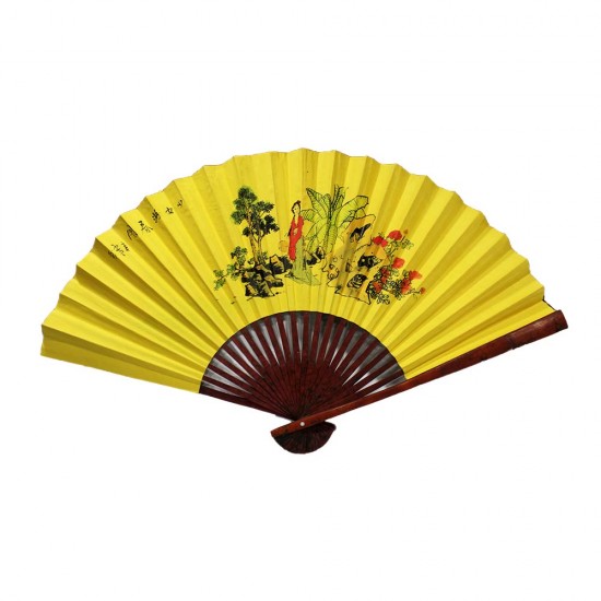 Oriental Beautiful Chinese Bamboo Silk Hand Folding Wall Chinese Woman Landscape Yellow Fan -  CH FAN2