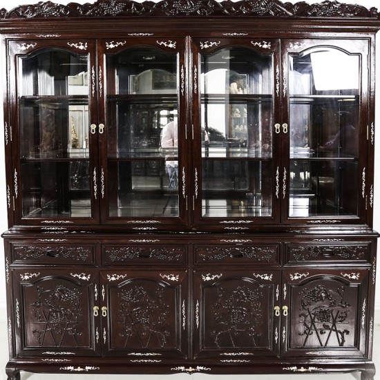 Solid Rosewood Mother of Pearl Inlaid 72" Tiger Leg Buffet & Hutch Display Cabinet Dark Cherry Finish with Grape Carvings  - DF-B001A T/L