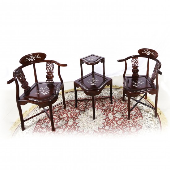 Dark Cherry Solid Rosewood Corner 2 Tier Table and Chairs with Mother of Pearls Inlaid - LK 74-000554