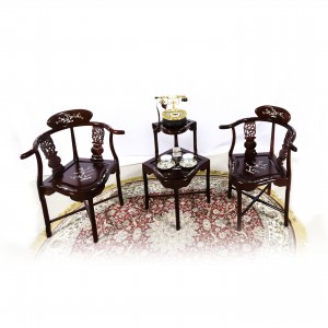 Dark Cherry Solid Rosewood Corner 2 Tier Table and Chairs with Mother of Pearls Inlaid - LK 74-000554