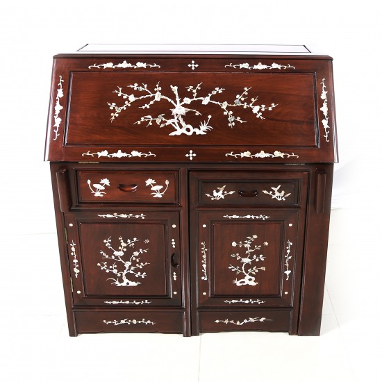 Solid Rosewood Mother of Pearl Inlaid Writing Desk With Hidden Chair Dark Cherry Finish - LK 60-00254A