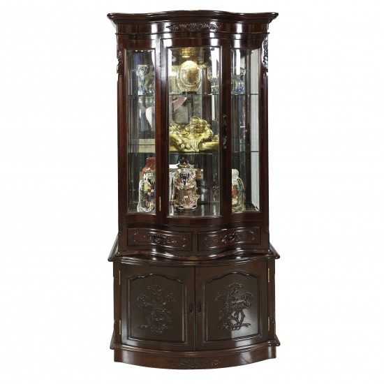 Solid Rosewood Asian Style Display Cabinet with Floral Hand Carvings Dark Cherry Finish - FS D834A
