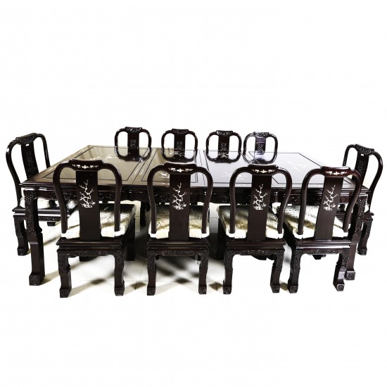 Solid Rosewood 98" Dining Set with Mother of Pearl Inlaid Spiral Leg 11 Piece Set Dark Cherry Red - DF-D011A/98 M
