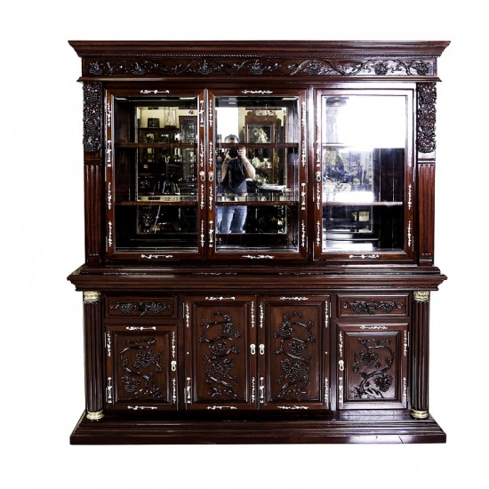 Solid Rosewood Mother of Pearl Inlaid 72" Heavy Duty Buffet & Hutch Display Cabinet Dark Cherry Finish with Grape Carvings - DF-B004F