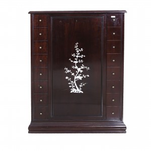 Solid Rosewood Mother of Pearl Inlaid Revolving Bar Cabinet Dark Cherry Finish - LK CA-042