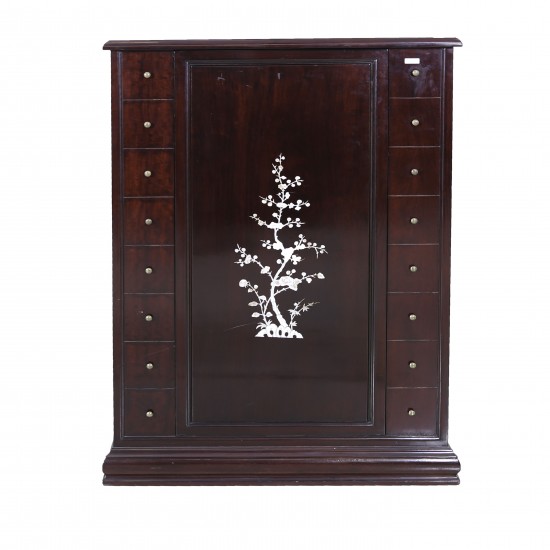 Solid Rosewood Mother of Pearl Inlaid Revolving Bar Cabinet Dark Cherry Finish - LK CA-042