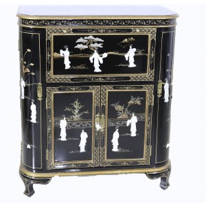 Black Lacquer Hand Painted Liquor Cabinet Mini Bar with Mother of Pearls Geisha Figures - LK/H43/A21