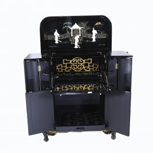 Black Lacquer Hand Painted Liquor Cabinet Mini Bar with Mother of Pearls Geisha Figures - LK/H43/A21