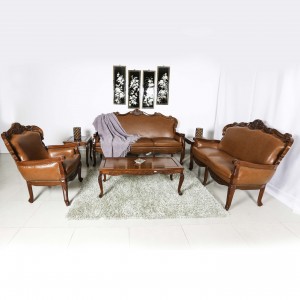 Solid Rosewood Sofa Set Upholstered In Luxurious  Genuine Leather 6 Pcs Set  Queen Anne Leg Design Natural Finish - LK69/001214/6