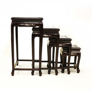 Solid Rosewood Nest of Tables French Leg with Mother of Pearls Inlaid 4 Pc/Set Dark Cherry Finish LK 32-000454A 4/SET