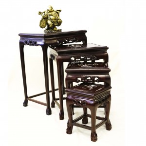 Solid Rosewood Nest of 4 Tables Tiger Paw Leg Carving and Mother of Pearls Inlaid Dark Cherry Finish LK 32-000454B