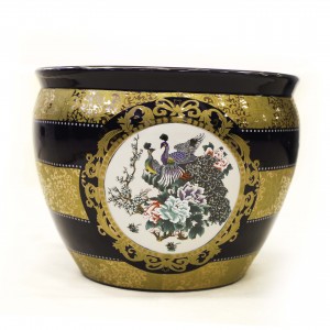 14" Dark Blue and Gold Porcelain Peacock with Blossom Chinese Fishbowl Planter - CP JC14" FB