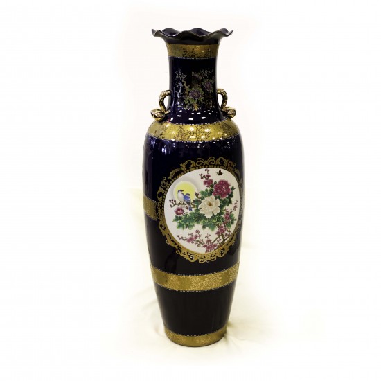 Hand Painted Under Glaze Ceramic Floor Vase 72" with Gold Color Handle Flower & Bird Design - CP JC72" V