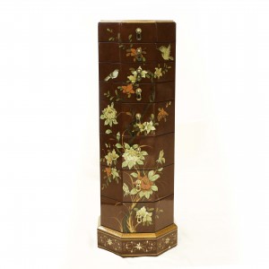 Hand Painted Flowers and Birds Octagonal Pedestal with 8 Drawers Dark Amber Color - LK HA-1897