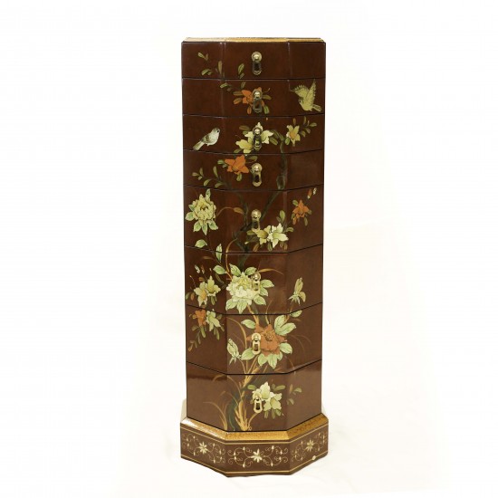 Hand Painted Flowers and Birds Octagonal Pedestal with 8 Drawers Dark Amber Color - LK HA-1897