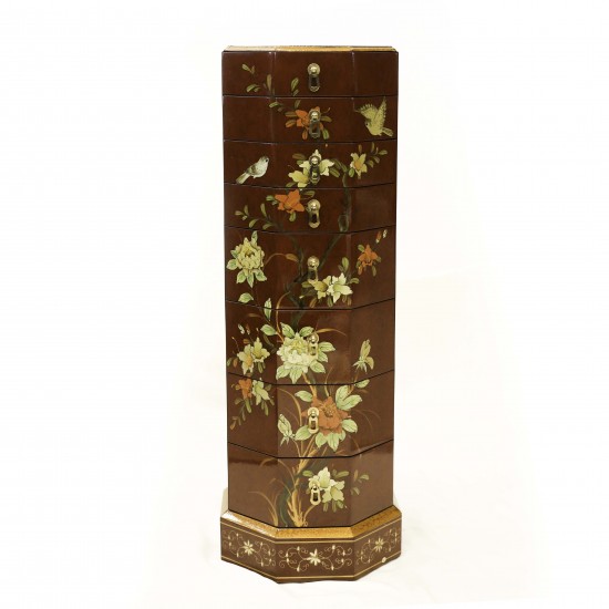 Lk HA-1897 Hand Painted Flowers and Birds Octagonal Pedestal with 8 Drawers Dark Amber Color