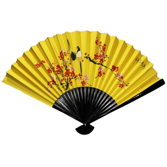 Oriental Beautiful Chinese Bamboo Silk Hand Folding Wall Fan with Birds on Tree Blossom Yellow - CH 