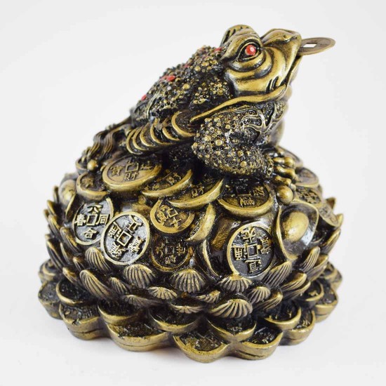 Medium Size Brass Wealthy Money Frog Sitting On Lotus Flower Base On Treasure (Attract Wealth And Good Fortune)  YC-MEDFG02