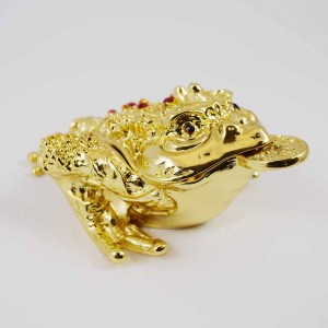 Hand painted 3 Legged Bejeweled Wish Fulfilling Money Frog Figurine Trinket Box Shiny Gold finish with Crystal Prosperity Symbol YHX-GDF02