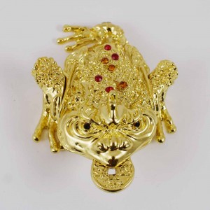 Hand painted 3 Legged Bejeweled Wish Fulfilling Money Frog Figurine Trinket Box Shiny Gold finish with Crystal Prosperity Symbol YHX-GDF02
