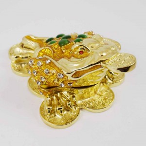 Hand painted 3 Legged Bejeweled Wish Fulfilling Money Frog Figurine on Coins Trinket Box Shiny Gold with Green Pearls on Back Prosperity Symbol YHX-GDF03