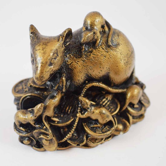 Brass Wealthy Rat Family on Treasure invites positive energies that attract an abundance of wealth luck YC-RAT01