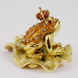 Hand painted Bejeweled Wish Fulfilling King Frog with Prince Frog Figurine on Water Lily Pad Trinket Box Gold Orange finish with pearls prosperity symbol YHX-GDRF04