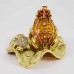 Hand painted Bejeweled Wish Fulfilling King Frog with Prince Frog Figurine on Water Lily Pad Trinket Box Gold Orange finish with pearls prosperity symbol YHX-GDRF04