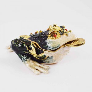 Hand painted 3 Legged Bejeweled Wish Fulfilling Money Frog Figurine Trinket Box Black & Gold finish with Crystal & Coins YHX-BKF01