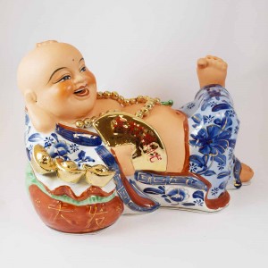 Big Size Porcelain Laughing Buddha in Blue robe with Fan and Ingot Lying on Wealth Bag Gold finishing CP16-SB