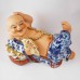 Big Size Porcelain Laughing Buddha in Blue robe with Fan and Ingot Lying on Wealth Bag Gold finishing CP16-SB