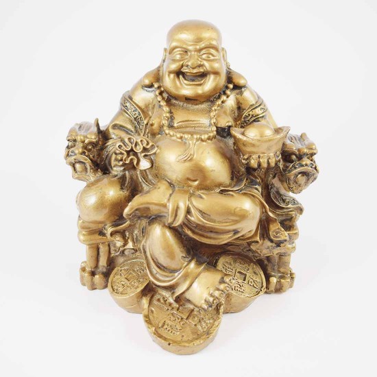 Dark Brass Color Poly Resin Laughing Buddha Sitting On Emperor Dragon Chair On Bed Of Coins Holding Money Bag And Ingot In Hand  YC-STB01