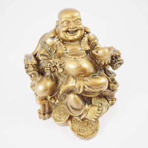 Dark Brass Color Poly Resin Laughing Buddha Sitting On Emperor Dragon Chair On Bed Of Coins Holding Money Bag And Ingot In Hand  YC-STB01