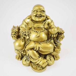 Bright Brass Color Poly Resin Laughing Buddha Sitting On Emperor Dragon Chair On Bed Of Coins Holding Money Bag And Ingot In Hand  YC-STB02