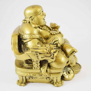 Bright Brass Color Poly Resin Laughing Buddha Sitting On Emperor Dragon Chair On Bed Of Coins Holding Money Bag And Ingot In Hand  YC-STB02