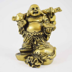 Brass Color Small Laughing Buddha Standing On Wealth Bag And Ingot With Strings Of Coins In Hand Signifies Wealth, Luck And Happiness YC-STB03