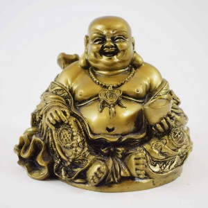 Dark Brass Color Poly Resin Two Face Laughing Buddha With Ingot And Health Symbol YC-STB04