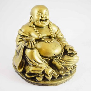 Brass Color Poly Resin Laughing Buddha With Wealth Bag Sitting On Treasure YC-STB05