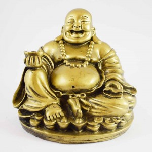 Brass Color Poly Resin Laughing Buddha With Wealth Bag Sitting On Treasure YC-STB05