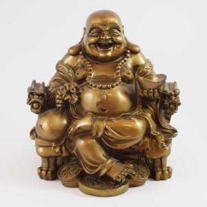 Huge Size Golden Laughing Buddha Statue On Emperor Golden Dragon Chair With Wealth Bag And Bed Of Coins At Feet YC-STBIGB01