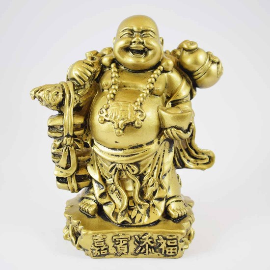 Brass Color Poly Resin Travelling Laughing Buddha On Base Holding Staff With Strings Of Treasure Bag Brings Prosperity Luck And Happiness YC-STNB01