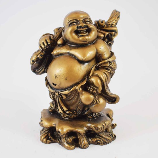 Brass Color Poly Resin Laughing Buddha With Wealth Bag On Staff And Bottle Guard  YC-STNB03