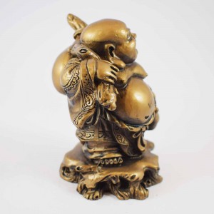 Brass Color Poly Resin Laughing Buddha With Wealth Bag On Staff And Bottle Guard  YC-STNB03