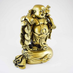 Brass Color Poly Resin Travelling Laughing Buddha On Treasure Bag Holding Staff With Strings Of Coins And Hat, Fruitful And Rewarding Journey 