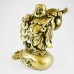 Brass Color Poly Resin Travelling Laughing Buddha On Treasure Bag Holding Staff With Strings Of Coins And Hat, Fruitful And Rewarding Journey 