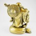 Brass Color Poly Resin Travelling Laughing Buddha On Treasure Bag Holding Staff With Strings Of Coins And Hat, Fruitful And Rewarding Journey 