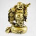 Brass Color Poly Resin Travelling Laughing Buddha On Treasure Bag Holding Staff With Strings Of Coins And Hat, Fruitful And Rewarding Journey 